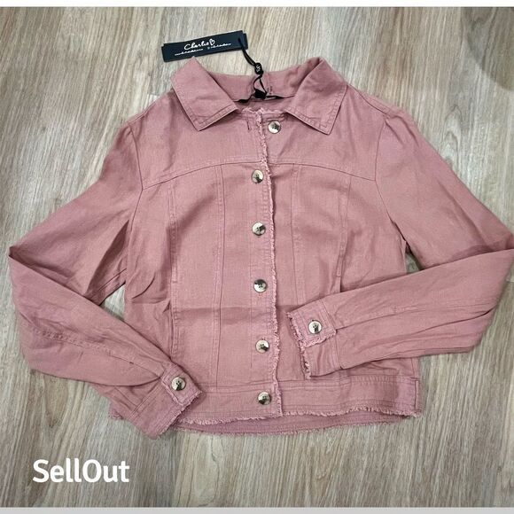 🔖🔖CLEARANCE 🔖🔖Charlie B Women's Pink Linen Jacket XS Button-Front Frayed Hem - Picture 2 of 7